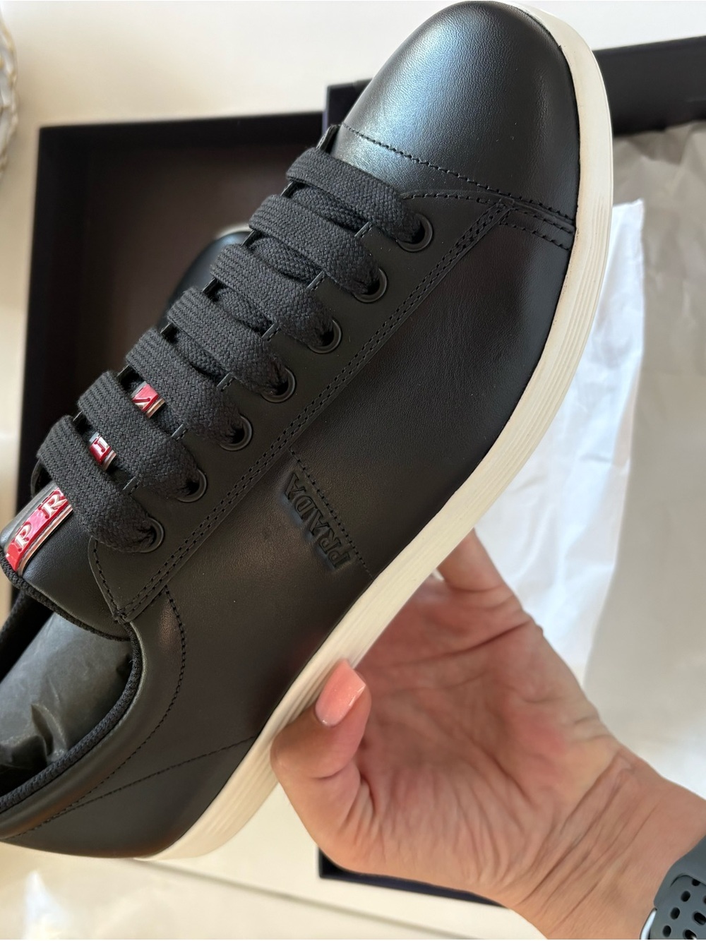 Prada Men’s Black and White Leather Sneakers - Picture 5 of 8